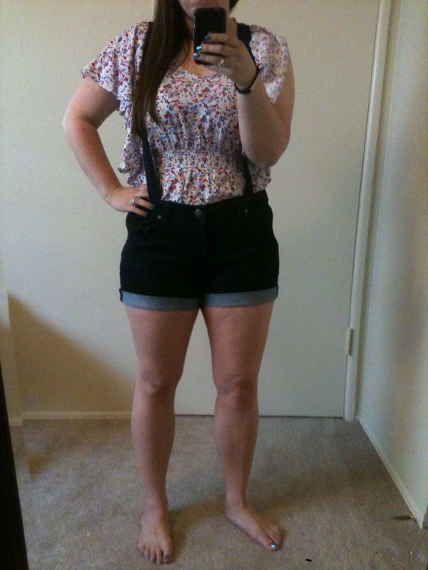 All Listings This is a very cute pair of shorts with suspenders bt Almost Famous. The size is a. (see pic). The suspenders unfasten and are adjustable. 13 in Juniors. The pockets are decorated in lace. Three butto Black high waist suspender shorts, Size M. $ 0 bids. Free Shipping.